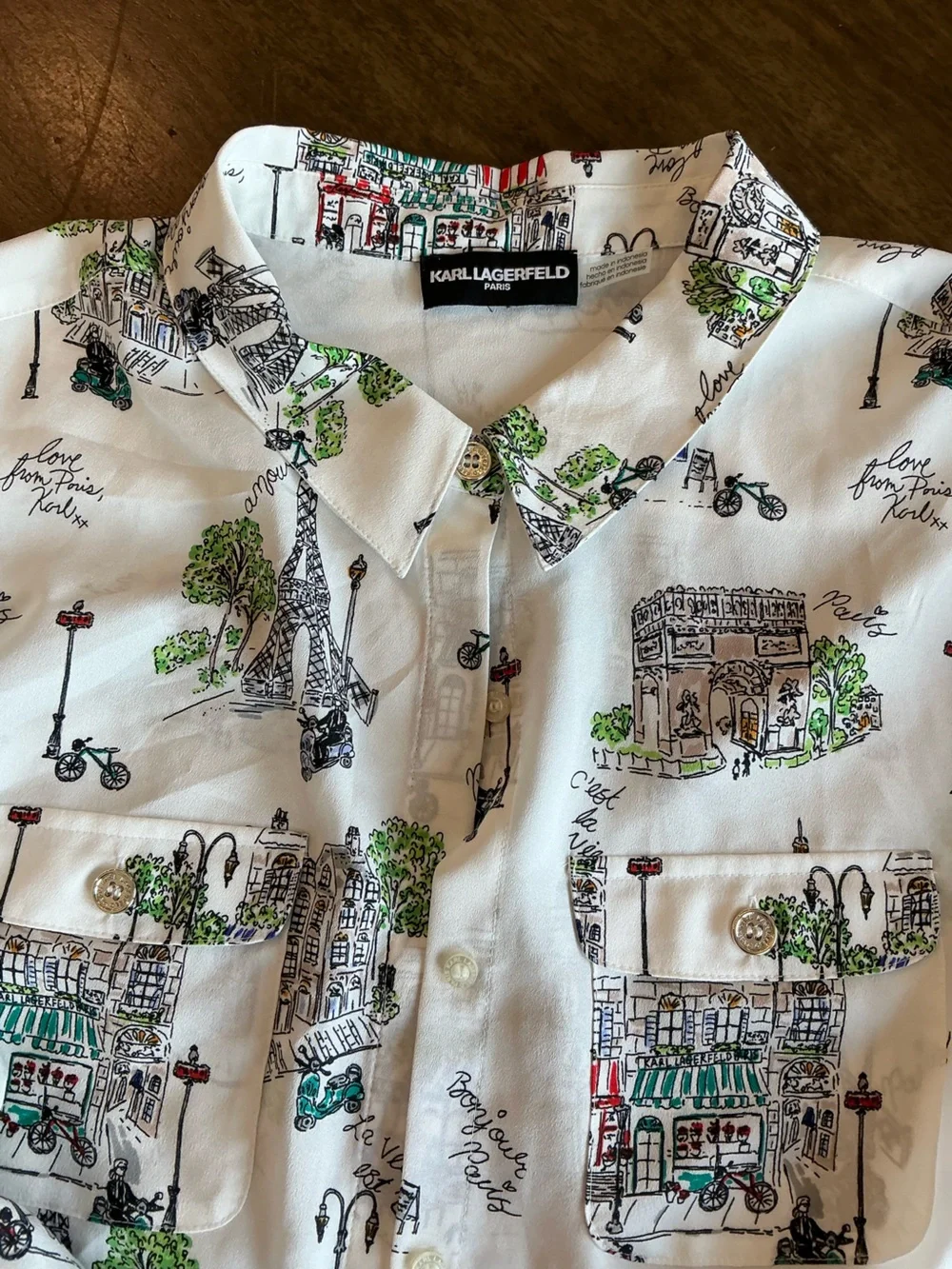 Karl Lagerfeld White Button-Down Shirt with Multicolor Paris Sketch Print - Picture 2 of 4